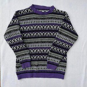 Vintage Purple Gray Knit Fair Isle Patterned Crewneck Sweater Size M Christmas